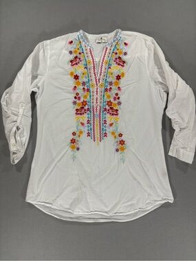 Palms Away Women’s White Embroidered V-Neck Tunic Top M cotton